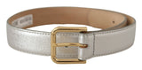 Silver Leather Gold Tone Logo Metal Waist Buckle Belt