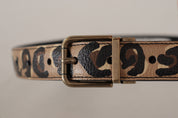 Brown Leather Leopard Print Bronze Metal Buckle Belt