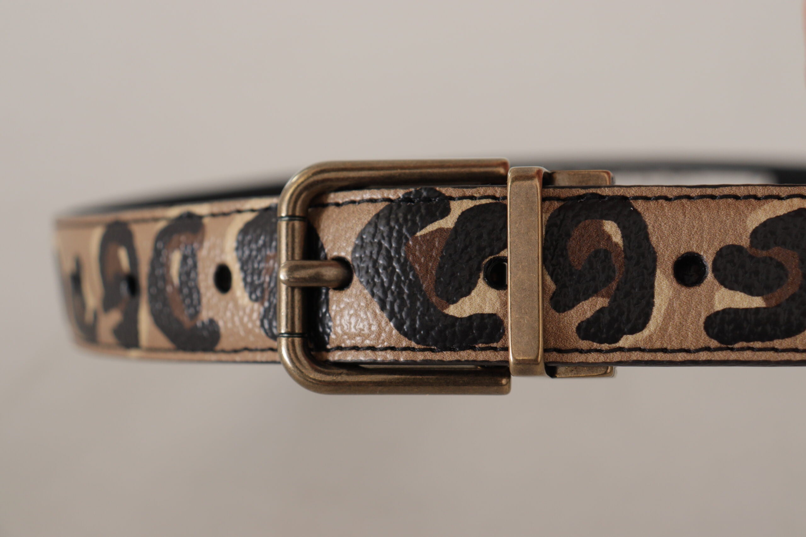Brown Leather Leopard Print Bronze Metal Buckle Belt
