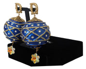 Gold Brass Blue Dangle Ball Crystal Clip On Earrings