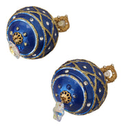 Gold Brass Blue Dangle Ball Crystal Clip On Earrings