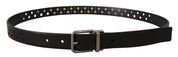 Black Calf Leather Perforated Metal Buckle Belt