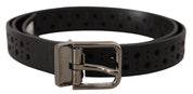 Black Calf Leather Perforated Metal Buckle Belt