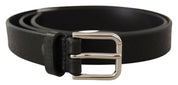 Black Calf Leather Silver Tone Logo Metal Buckle Belt