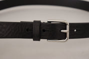 Black Calf Leather Silver Tone Logo Metal Buckle Belt