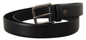 Black Calf Leather Classic Logo Metal Buckle Belt