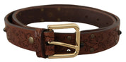 Brown Leather Floral Studded Metal Buckle Belt