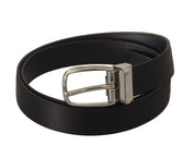 Black Calf Leather Silver Logo Metal Buckle Belt