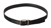 Black Calf Leather Silver Logo Metal Buckle Belt
