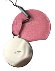Pink Calfskin Leather Round Logo Print Hand Mirror Holder