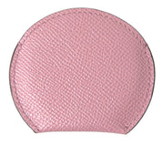 Pink Calfskin Leather Round Logo Print Hand Mirror Holder