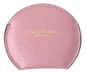 Pink Calfskin Leather Round Logo Print Hand Mirror Holder