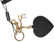 Black Fuchsia Heart Leather Gold Metal Keyring Keychain