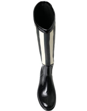 Black Rubber Knee High Flat Boots Shoes