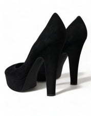Black Suede Leather Platform Heel Pumps Shoes