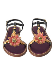Black Crystal Gold Sandals Leather Shoes