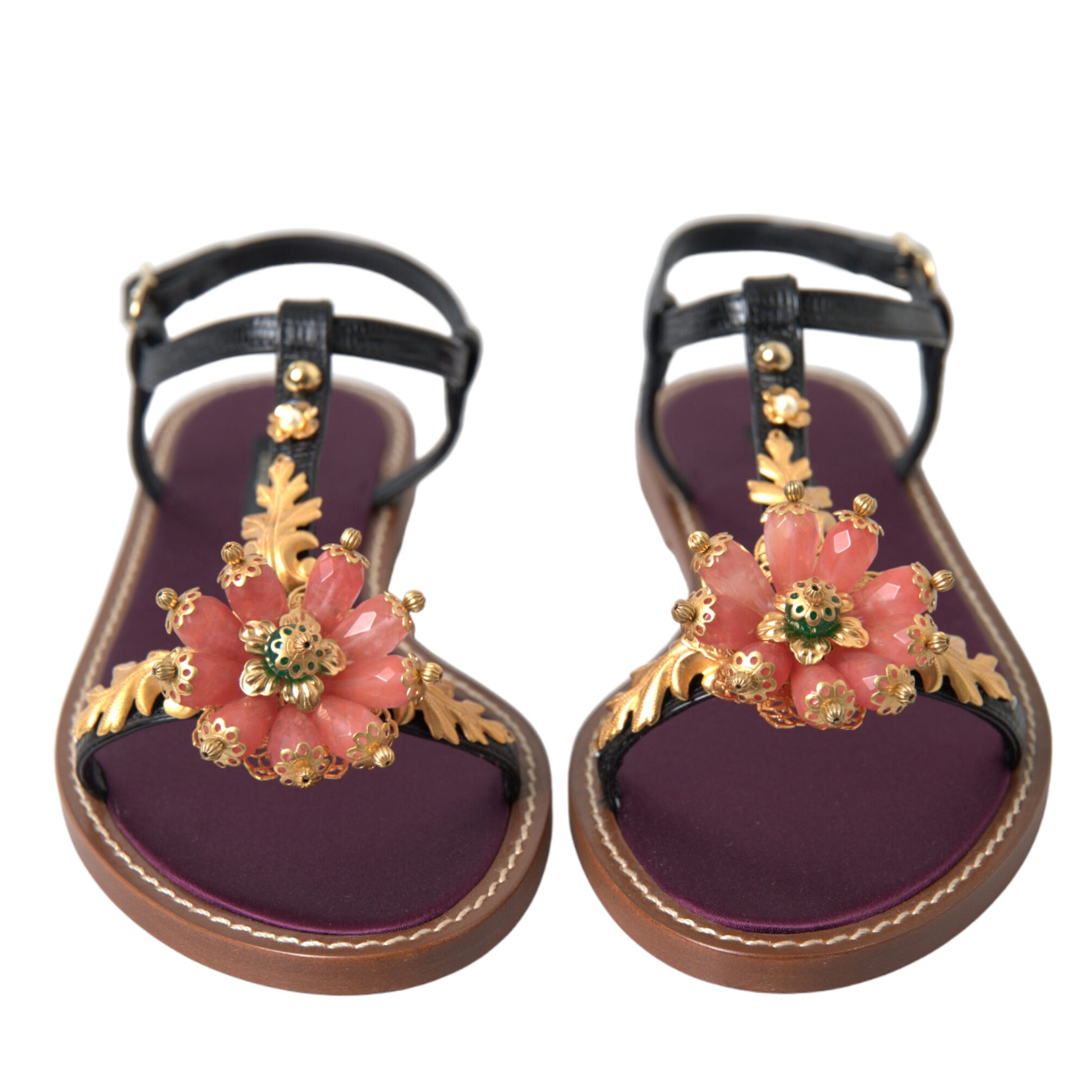 Dolce & Gabbana Black Crystal Gold Sandals Leather Shoes Dolce & Gabbana