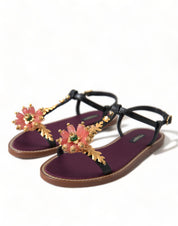 Dolce & Gabbana Black Crystal Gold Sandals Leather Shoes Dolce & Gabbana