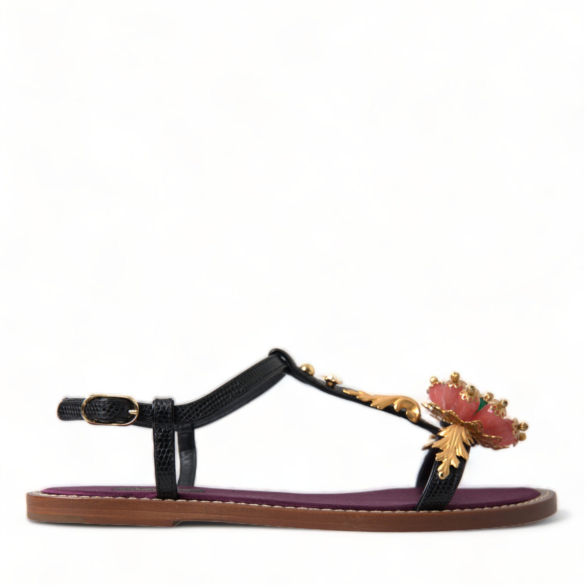 Dolce & Gabbana Black Crystal Gold Sandals Leather Shoes Dolce & Gabbana