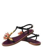 Black Crystal Gold Sandals Leather Shoes