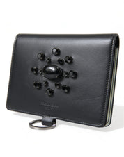 Black Leather Crystal Embellished Card Holder Wallet