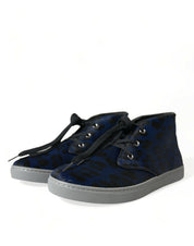Blue Calfskin Leopard Mid Top Sneakers Shoes