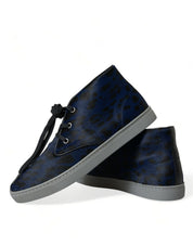 Blue Calfskin Leopard Mid Top Sneakers Shoes
