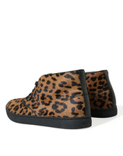 Brown Leopard Pony Hair Leather Sneakers Shoes