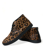 Brown Leopard Pony Hair Leather Sneakers Shoes
