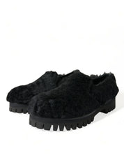 Dolce & Gabbana Black Fur Leather Slippers Dress Shoes Dolce & Gabbana