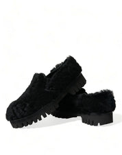 Dolce & Gabbana Black Fur Leather Slippers Dress Shoes Dolce & Gabbana