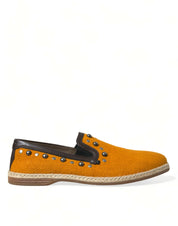 Orange Linen Leather Studded Loafers Shoes