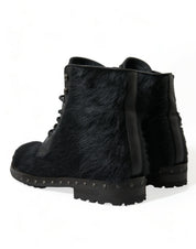 Black Pony Style Leather Mid Calf Boots Shoes