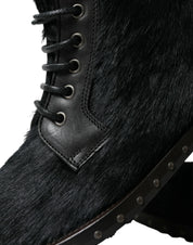 Black Pony Style Leather Mid Calf Boots Shoes
