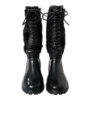 Black Rubber Lace Up Shearling Rain Boots Shoes