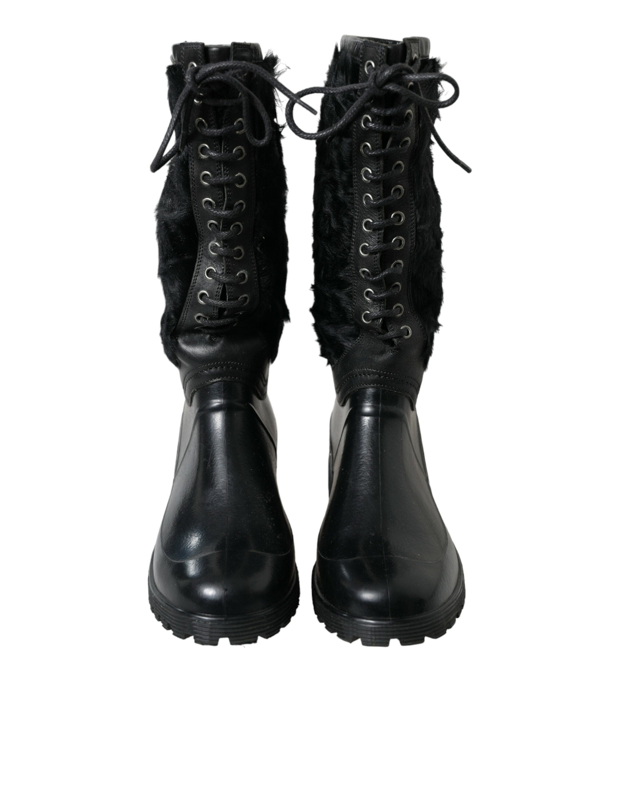 Dolce & Gabbana Black Rubber Lace Up Shearling Rain Boots Shoes Dolce & Gabbana