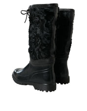 Black Rubber Lace Up Shearling Rain Boots Shoes