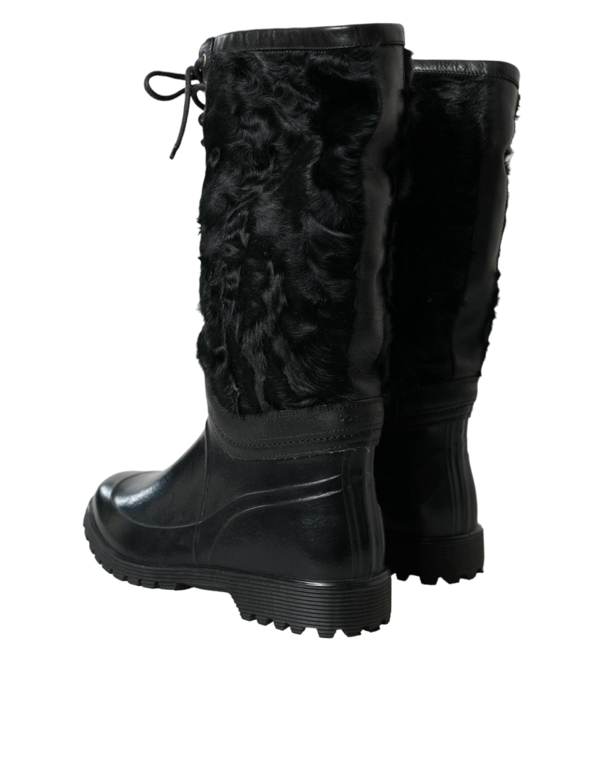 Dolce & Gabbana Black Rubber Lace Up Shearling Rain Boots Shoes Dolce & Gabbana