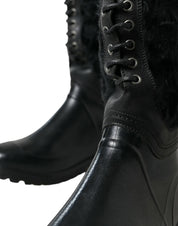 Dolce & Gabbana Black Rubber Lace Up Shearling Rain Boots Shoes Dolce & Gabbana