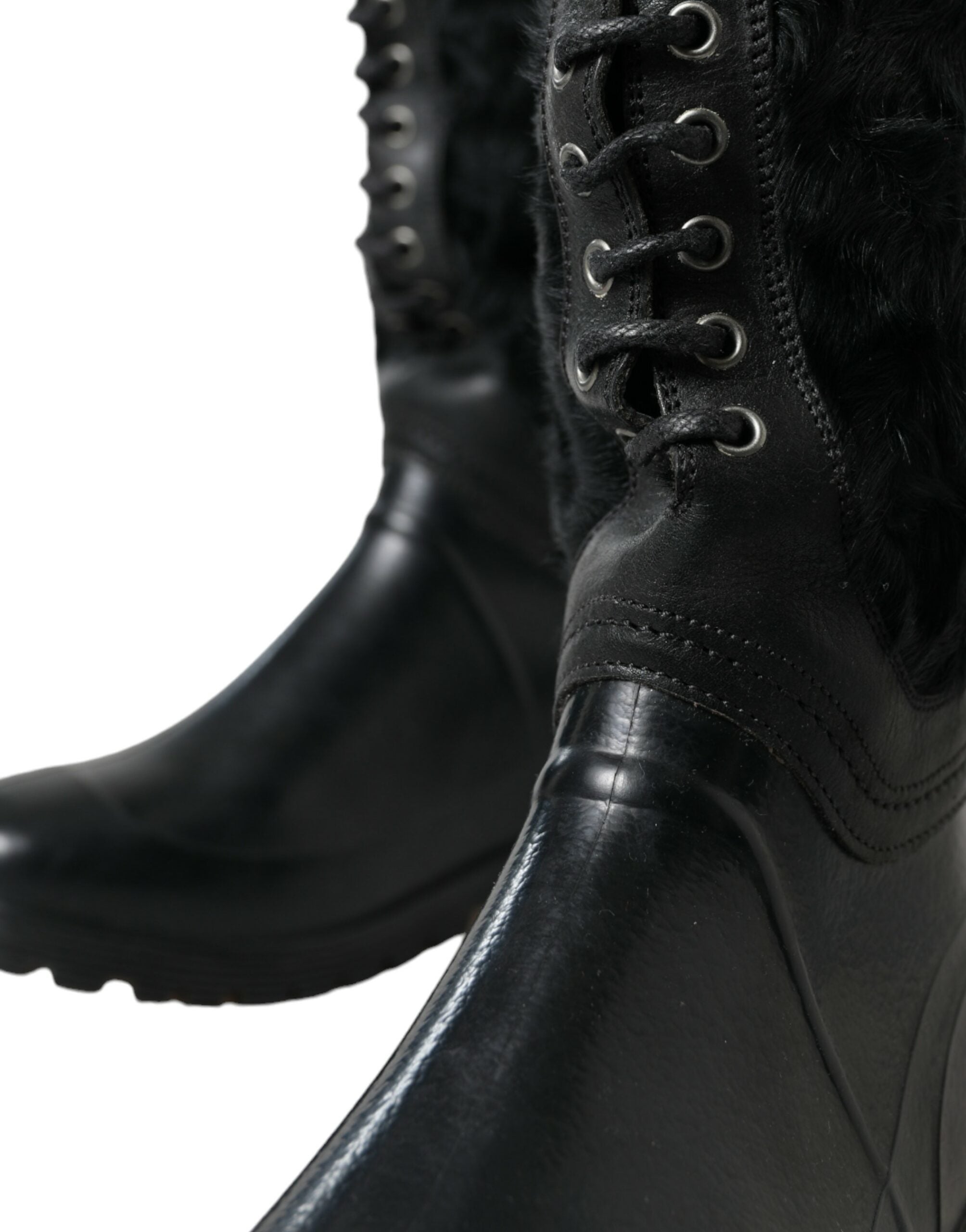 Dolce & Gabbana Black Rubber Lace Up Shearling Rain Boots Shoes Dolce & Gabbana