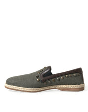 Gray Linen Leather Studded Loafers Shoes