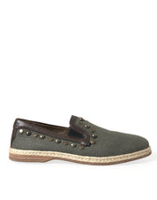 Gray Linen Leather Studded Loafers Shoes