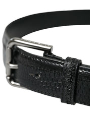 Black Exotic Leather Silver Metal Buckle Belt
