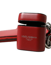 Red Leather Silver Metal Logo Strap Pouch Airpods Case