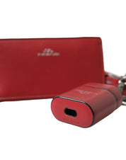 Red Leather Silver Metal Logo Strap Pouch Airpods Case