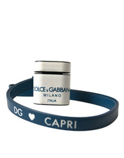 White Blue Calf Leather Logo Print Strap Airpods Case