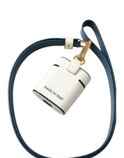 White Blue Calf Leather Logo Print Strap Airpods Case