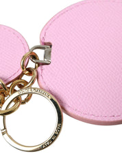 Pink Calf Leather Gold Metal Logo Print Keyring Keychain