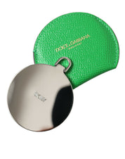 Green Calfskin Leather Round Logo Hand Mirror Holder