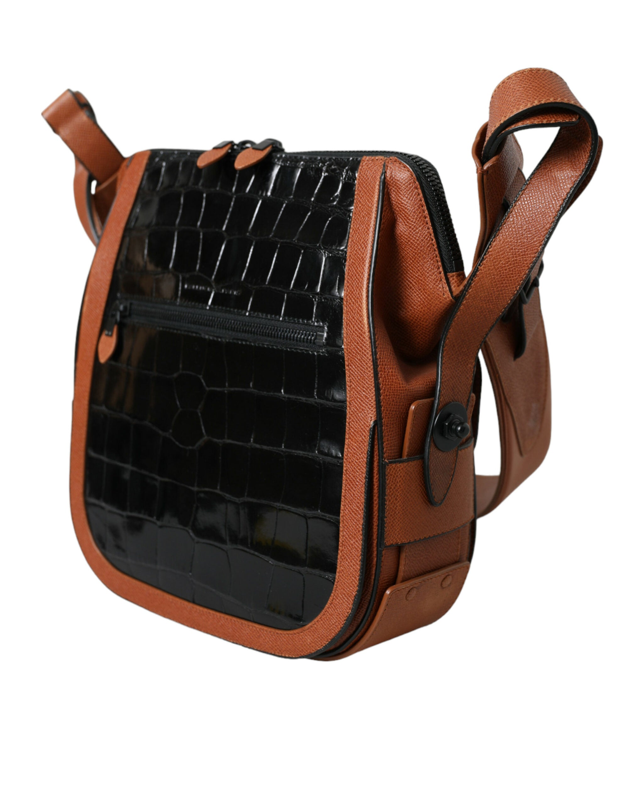 Black Brown Exotic Skin Leather Vertical Crossbody Purse Bag